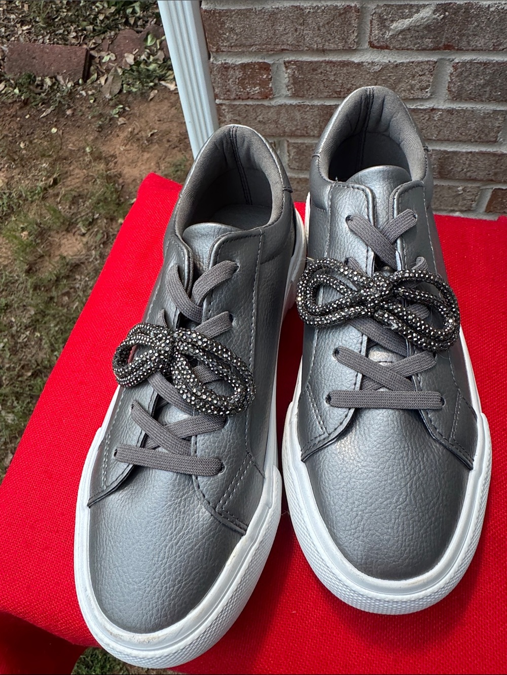 Gray Metallic Sneakers with Rhinestone Bow Accents